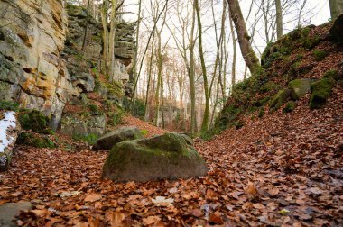 Eifel 'deki Devil Gorge, güçlü kaya ve kanyonlarla Teufelsschlucht, Almanya' da yürüyüş yolu, kumtaşı oluşumu, sonbahar 