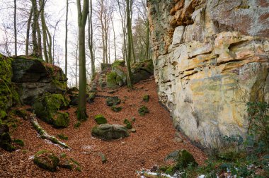 Eifel 'deki Devil Gorge, güçlü kaya ve kanyonlarla Teufelsschlucht, Almanya' da yürüyüş yolu, kumtaşı oluşumu, sonbahar 