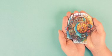 Çarklı beyin, beyin fırtınası ve yaratıcılık konsepti, yapay zekada dişli çarkları döndürme, mühendislik zihni 