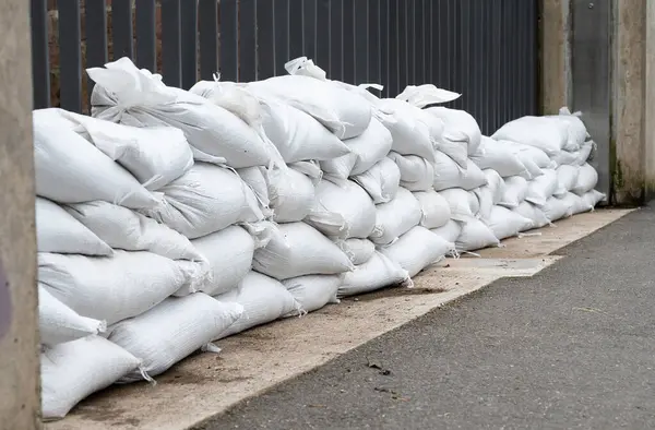 stock image Sandbags for flood defense, river Moselle Trier in Rhineland Palatinate, flooded trees and paths, high water level, climate change 