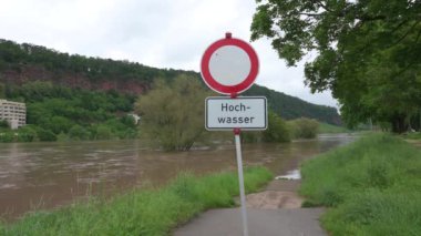 Flood of the river Ruwer Trier in Rhineland Palatinate, flooded trees and paths, high water level, climate change
