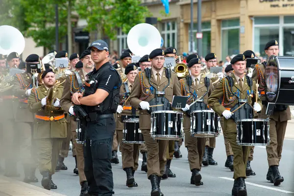 stock image National Day Luxembourg, celebration of the Grand Duke birthday, military parade with luxembourgish army, police, fire department, rescue service and armed forced, Luxembourg city, 23.06.2024