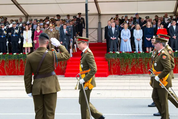 stock image National Day Luxembourg, celebration of the Grand Duke birthday, military parade with luxembourgish army, police, fire department, rescue service and armed forced, Luxembourg city, 23.06.2024