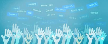 Thank you day, word thanks in different languages, being thankful, support, help and charity concept clipart