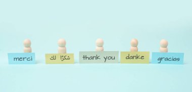 Thank you day, word thanks in different languages, being thankful, support, help and charity concept clipart