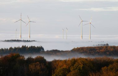 Ormandaki sisli yel değirmenleri, yenilenebilir sürdürülebilir enerjiye dönüşüm, elektrik üreticisi, çevresel sohbet
