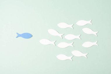 Grubun mavi balık lideri, takım çalışması, etkili olanı takip et, hedef, plan ve başarı stratejisi, liderlik kavramı