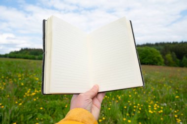 Boş kitap maketi, sarı çiçekli bahar çiçeği çiçeği çiçeği çiçekleri, doğada okuma, yazma etkinliği, el bilgisayarı.