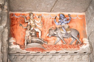 Markandey, Lord Shiva ve Yama 'nın hikayesi, Hampi' deki Virupaksha tapınağı, Vijayanagara İmparatorluğu, Hindistan 'daki hinduizm, antik taş oyma heykel