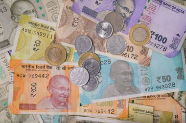 Hindistan banknotları ve paraları, Hindistan para birimi, para yığını, Mahatma Gandhi 'nin portresi, ekonomi ve finans, borsa