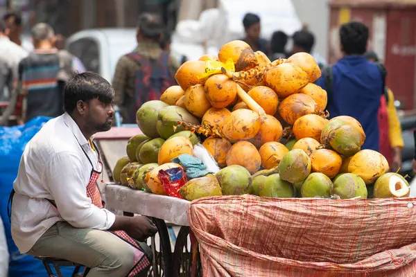 Hindistan 'da bir markette taze hindistan cevizi, tropikal meyve ve süt içeceği, Mumbai sokağı, Nam Hom hindistan cevizi, 02.04.2025