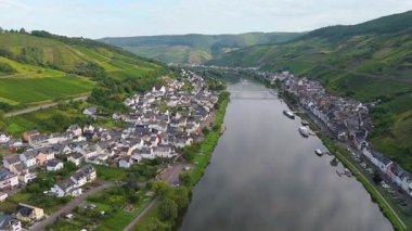 Zell köyü, Moselle nehri, Zeller Hamm, Mosel vadisi manzarası, Rhineland Palatinate, Almanya, üzüm bağı dağı.