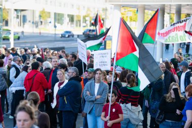 Gaza pro Palestine protest march at Kirchberg in Luxembourg city, Europe, solidarity demonstration, Israel and middle east war, palestinian flag, september 29th 2025