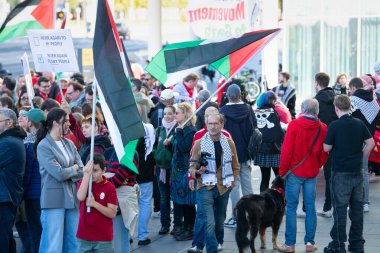 Gaza pro Palestine protest march at Kirchberg in Luxembourg city, Europe, solidarity demonstration, Israel and middle east war, palestinian flag, september 29th 2025