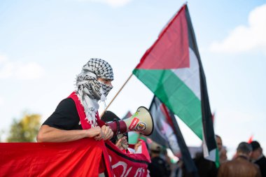 Gaza pro Palestine protest march at Kirchberg in Luxembourg city, Europe, solidarity demonstration, Israel and middle east war, palestinian flag, september 29th 2025