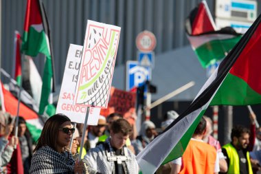 Gaza pro Palestine protest march at Kirchberg in Luxembourg city, Europe, solidarity demonstration, Israel and middle east war, palestinian flag, september 29th 2025