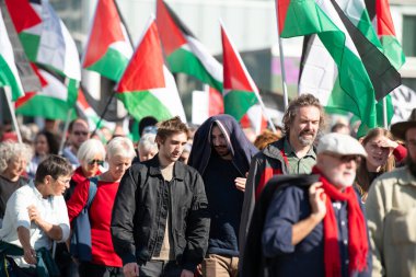 Gaza pro Palestine protest march at Kirchberg in Luxembourg city, Europe, solidarity demonstration, Israel and middle east war, palestinian flag, september 29th 2025