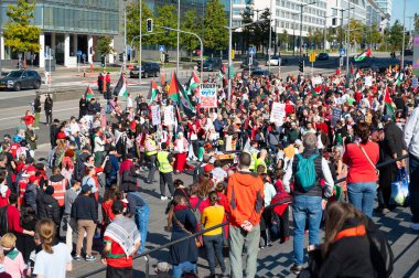 Gaza pro Palestine protest march at Kirchberg in Luxembourg city, Europe, solidarity demonstration, Israel and middle east war, palestinian flag, september 29th 2025