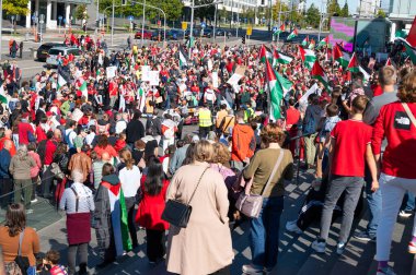 Gaza pro Palestine protest march at Kirchberg in Luxembourg city, Europe, solidarity demonstration, Israel and middle east war, palestinian flag, september 29th 2025