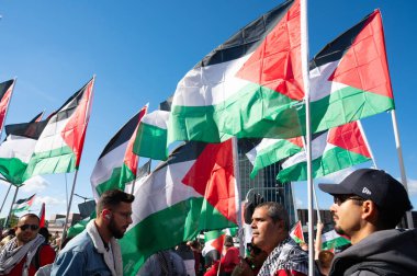Gaza pro Palestine protest march at Kirchberg in Luxembourg city, Europe, solidarity demonstration, Israel and middle east war, palestinian flag, september 29th 2025
