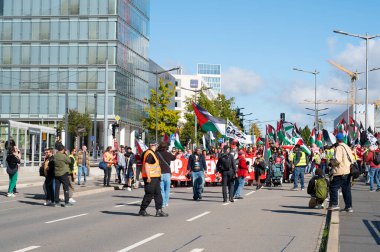 Gaza pro Palestine protest march at Kirchberg in Luxembourg city, Europe, solidarity demonstration, Israel and middle east war, palestinian flag, september 29th 2025