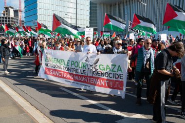 Gaza pro Palestine protest march at Kirchberg in Luxembourg city, Europe, solidarity demonstration, Israel and middle east war, palestinian flag, september 29th 2025