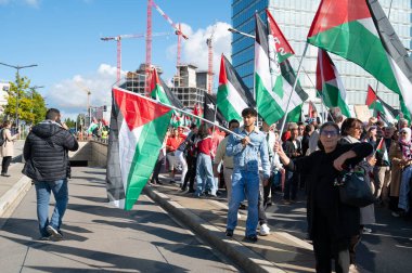 Gaza pro Palestine protest march at Kirchberg in Luxembourg city, Europe, solidarity demonstration, Israel and middle east war, palestinian flag, september 29th 2025