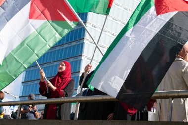 Gaza pro Palestine protest march at Kirchberg in Luxembourg city, Europe, solidarity demonstration, Israel and middle east war, palestinian flag, september 29th 2025