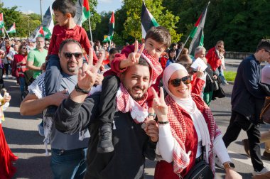 Gaza pro Palestine protest march at Kirchberg in Luxembourg city, Europe, solidarity demonstration, Israel and middle east war, palestinian flag, september 29th 2025