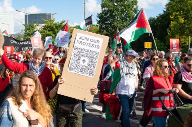 Gaza pro Palestine protest march at Kirchberg in Luxembourg city, Europe, solidarity demonstration, Israel and middle east war, palestinian flag, september 29th 2025