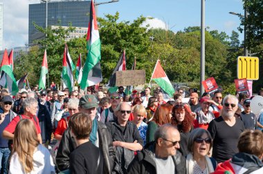 Gaza pro Palestine protest march at Kirchberg in Luxembourg city, Europe, solidarity demonstration, Israel and middle east war, palestinian flag, september 29th 2025