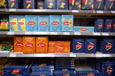 Variety of Barilla pasta at store shelves in supermarket in Trier, Germany, noodle assortment, price increase, inflation, high expensive living costs, september 27th 2025