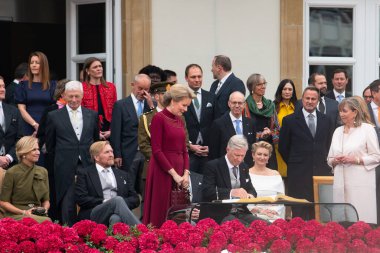 King Philippe and Queen Mathilde of Belgium signing book, celebration of throne accession of Grand Duke Guillaume,Luxembourg city, october 3rd 2025