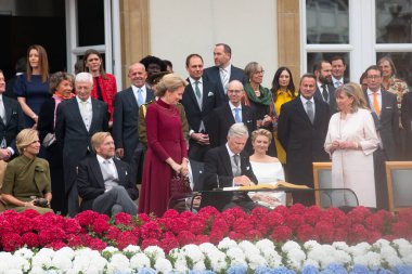 King Philippe and Queen Mathilde of Belgium signing book, celebration of throne accession of Grand Duke Guillaume, Luxembourg city, october 3rd 2025