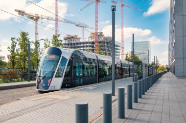 Tram station Luxembourg, free of charge modern transportation, tramway in the city, infrastructure Kirchberg quarter, september 28th 2025
