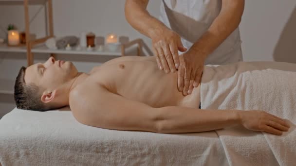 Male Hands Making Massage Men Abdomen Stomach Massage Pain Prevention — Stock Video