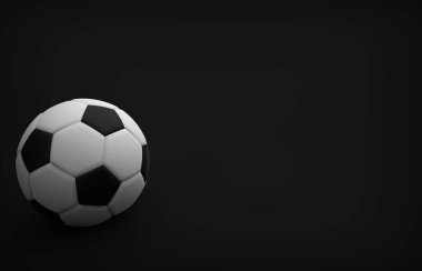 Deri bir futbol topunun önü 3 boyutlu, altıgenler ve beşgenler siyah ve beyaz renklerde, siyah arka planı olan bir yerde. 