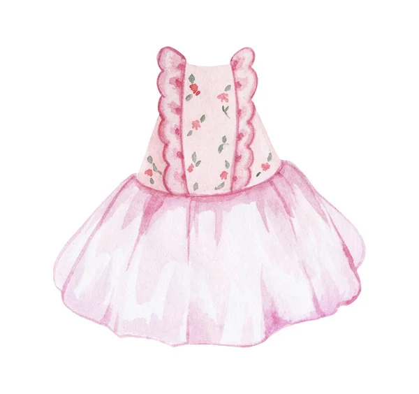 Baby Rosa Klänning Vit Bakgrund Kläder För Barn Akvarellmålning — Stockfoto
