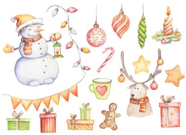 Beyaz bir arka planda bir dizi yeni yıl eşyası. Şenlik ürünleri yapmak için elementler. Suluboya şirin resim. 
