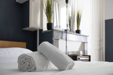 Beyaz temiz havlular otel yatağında yuvarlandı. İçi karanlık duvarlar ve bitkilerle dolu komodinlerle doluydu.