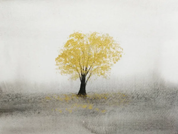 Akvarel Krajina Zlatý Strom Třešeň List Padající Země Tradiční Orientální — Stock fotografie
