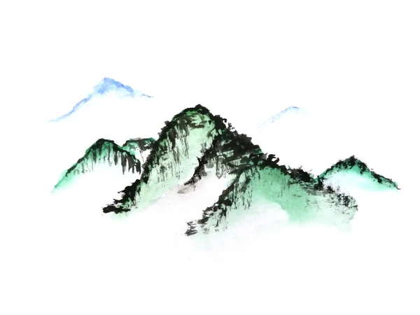 Watercolor ink with color landscape mountain fog . Traditional chinese painting. asian art style. isolated on a white background