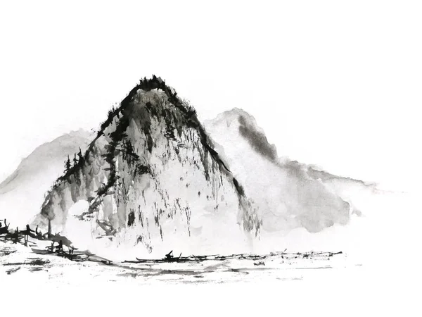 Υδατογραφία Ζωγραφική Τοπίο Μελάνι Ομίχλη Βουνό Παραδοσιακή Κινέζικη Ζωγραφική Ασιατικό — Φωτογραφία Αρχείου