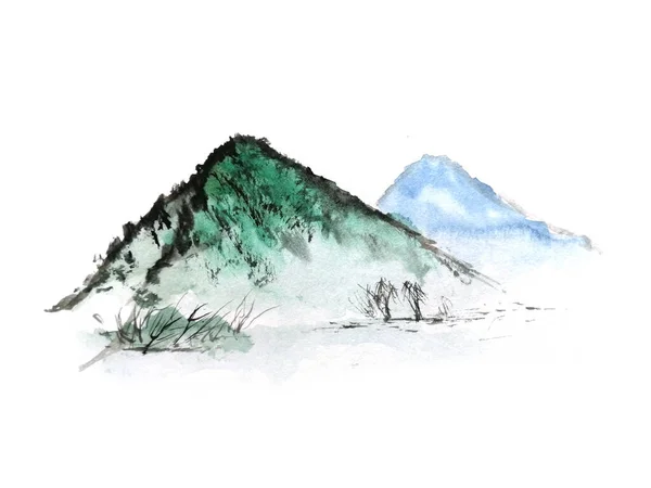 Watercolor ink with color landscape mountain fog . Traditional chinese painting. asian art style. isolated on a white background
