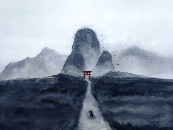 Akvarell Táj Férfi Vitorlás Csónak Folyón Erdőn Keresztül Japán Kapu — Stock Fotó