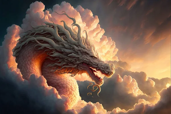 A dragon\'s head forming out of the clouds in the evening sky