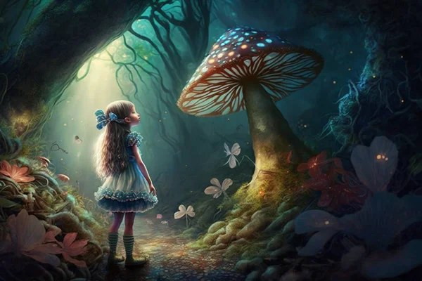 magical girl in a fairy fantasy forest with romantic mushrooms