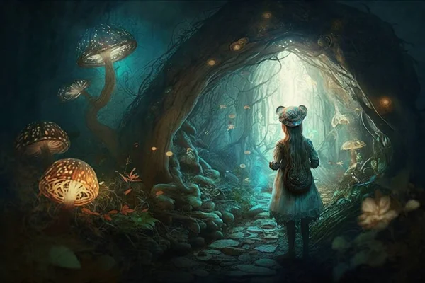 magical girl in a fairy fantasy forest with romantic mushrooms