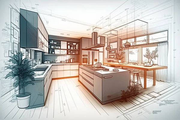 A technical drawing of a kitchen with 3D visualization architecture software