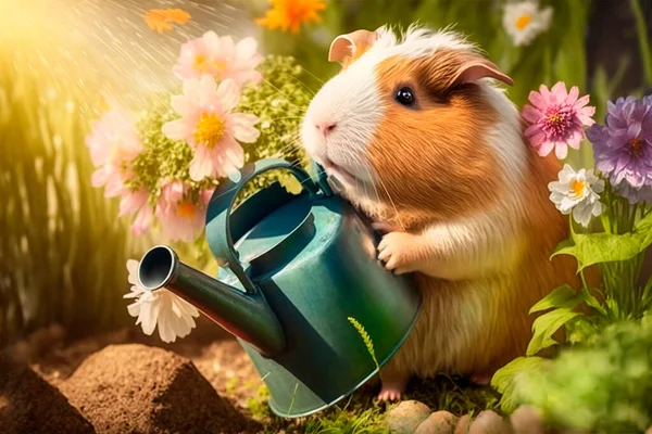 Funny guinea pig watering flowers with the watering can in the garden gardening